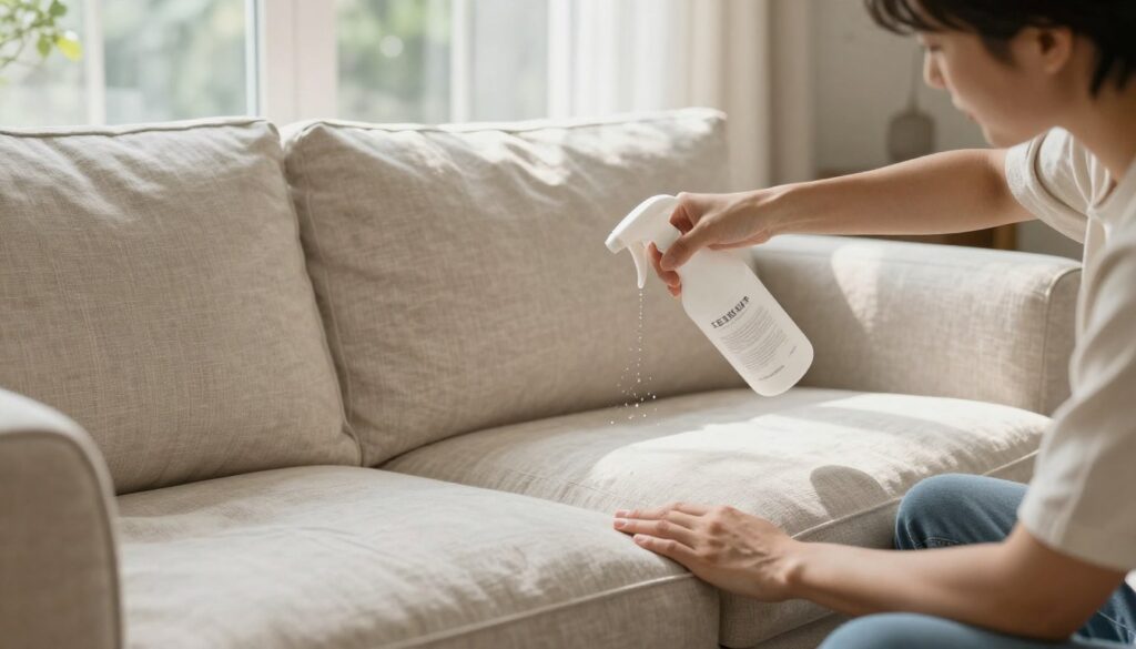 A beautifully designed living room featuring a light linen sofa, subtly highlighted for its elegant texture. In the foreground, a professional applying a protective waterproof solution to the sofa, dressed in modest casual attire, demonstrating care and precision. The middle ground captures a close-up of the treatment process, with droplets of the solution visibly glistening against the fabric. In the background, soft natural light streams through large windows, creating a warm and inviting atmosphere. The overall mood reflects cleanliness and innovation, emphasizing the importance of protecting the linen upholstery without causing any stains. The setting conveys a sense of tranquility and professionalism, ideal for the topic of fabric protection. A beautifully designed living room featuring a light linen sofa, subtly highlighted for its elegant texture. In the foreground, a professional applying a protective waterproof solution to the sofa, dressed in modest casual attire, demonstrating care and precision. The middle ground captures a close-up of the treatment process, with droplets of the solution visibly glistening against the fabric. In the background, soft natural light streams through large windows, creating a warm and inviting atmosphere. The overall mood reflects cleanliness and innovation, emphasizing the importance of protecting the linen upholstery without causing any stains. The setting conveys a sense of tranquility and professionalism, ideal for the topic of fabric protection.