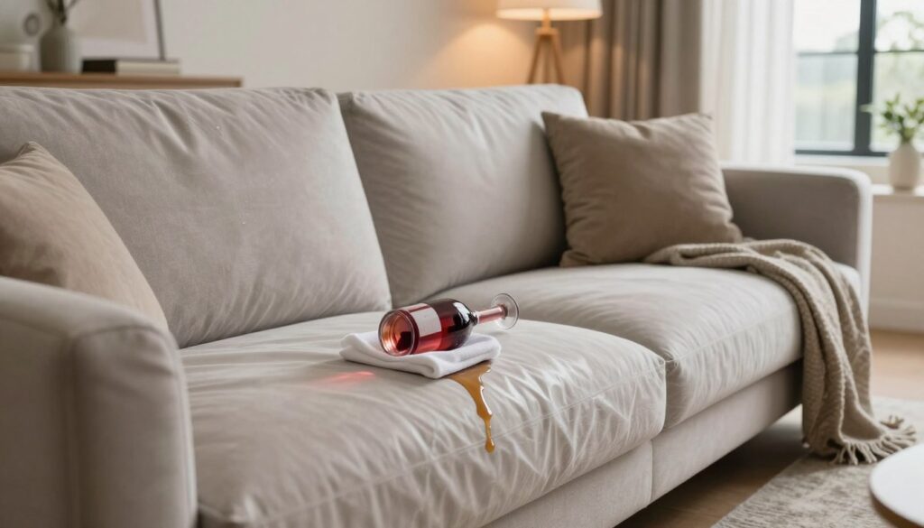 A beautifully designed living room featuring a modern, stylish sofa with a visible protective waterproof layer, showcasing its advantages in a subtle yet compelling way. In the foreground, highlight a close-up of a wine spill being effortlessly wiped off the sofa, demonstrating the ease of cleaning. In the middle ground, display a cozy ambiance with decorative cushions and a soft throw blanket, creating a sense of comfort. In the background, large windows let in warm, natural light, enhancing the inviting atmosphere. Use a soft focus effect on the background to emphasize the sofa as the central subject. The overall mood should be warm and reassuring, illustrating the practical benefits of sofa waterproofing. The lighting should be soft and diffused, evoking a cozy, welcoming space. A beautifully designed living room featuring a modern, stylish sofa with a visible protective waterproof layer, showcasing its advantages in a subtle yet compelling way. In the foreground, highlight a close-up of a wine spill being effortlessly wiped off the sofa, demonstrating the ease of cleaning. In the middle ground, display a cozy ambiance with decorative cushions and a soft throw blanket, creating a sense of comfort. In the background, large windows let in warm, natural light, enhancing the inviting atmosphere. Use a soft focus effect on the background to emphasize the sofa as the central subject. The overall mood should be warm and reassuring, illustrating the practical benefits of sofa waterproofing. The lighting should be soft and diffused, evoking a cozy, welcoming space.