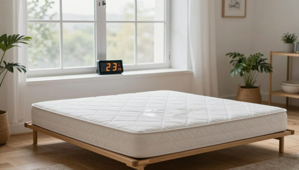 A bright and airy room with a large window letting in soft, natural light. In the foreground, a freshly cleaned mattress lies on a wooden floor, slightly elevated on a drying rack with a gentle breeze flowing through an open window. Small droplets of water glisten on the surface, indicating it has been recently cleaned. In the middle ground, a digital clock displays the drying time, set to a reasonable duration, such as 2-3 hours. In the background, you can see a cozy, inviting environment with houseplants and subtle decorative elements, creating a calming atmosphere. The overall mood is fresh and serene, capturing the importance of proper drying time for safety, keeping children and pets in mind.
