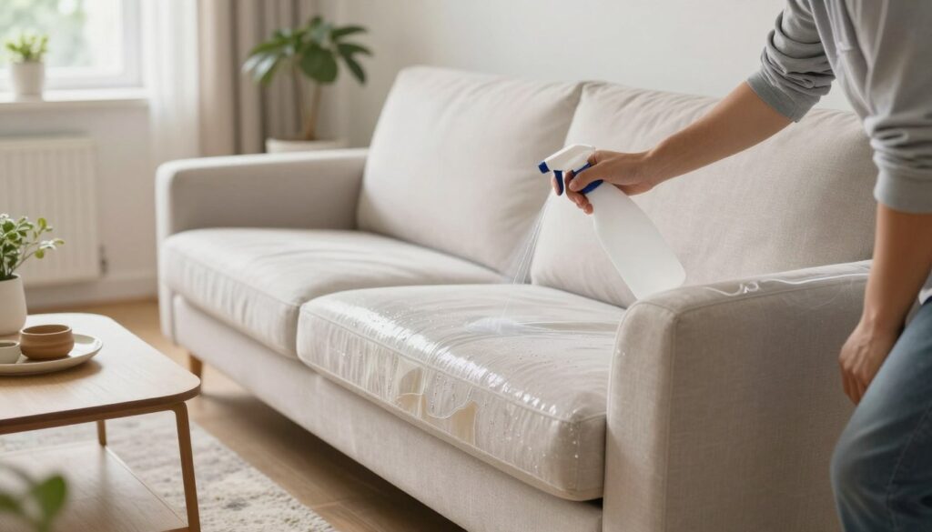 A bright, well-lit living room showcasing a clear, protective coating being applied to light-colored upholstery, emphasizing its resistance to stains and liquids. In the foreground, a professional technician in casual business attire confidently demonstrates the application process using a spray bottle on a stylish, elegantly designed sofa. The middle ground reveals the sofa's plush fabric, pristine and inviting, with water droplets beading on its surface, highlighting the effectiveness of the waterproofing treatment. In the background, softly blurred decor, including a tasteful coffee table and potted plants, enhances the homey atmosphere. Natural light streams through a window, casting a warm glow over the scene, conveying a sense of cleanliness and protection. The overall mood is fresh, modern, and reassuring. A bright, well-lit living room showcasing a clear, protective coating being applied to light-colored upholstery, emphasizing its resistance to stains and liquids. In the foreground, a professional technician in casual business attire confidently demonstrates the application process using a spray bottle on a stylish, elegantly designed sofa. The middle ground reveals the sofa's plush fabric, pristine and inviting, with water droplets beading on its surface, highlighting the effectiveness of the waterproofing treatment. In the background, softly blurred decor, including a tasteful coffee table and potted plants, enhances the homey atmosphere. Natural light streams through a window, casting a warm glow over the scene, conveying a sense of cleanliness and protection. The overall mood is fresh, modern, and reassuring.