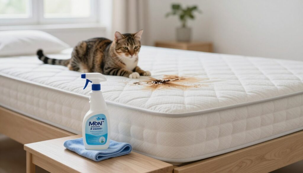 A bright, well-lit room featuring a comfortable bed with a well-made mattress, focusing on a corner where a cat has accidentally left a stain. In the foreground, a bottle of enzymatic cleaner and a clean cloth are positioned strategically, illustrating cleaning supplies ready for use. The middle of the scene should show the mattress with a visible area that appears damp, highlighting the newness of the cleaning process. In the background, soft natural light filters through a window, creating a serene atmosphere. The overall mood is one of cleanliness and resolution, conveying hope and practicality, ideal for anyone dealing with pet-related cleaning challenges. The scene captures the essence of an informative cleaning guide without any texts or distractions. A bright, well-lit room featuring a comfortable bed with a well-made mattress, focusing on a corner where a cat has accidentally left a stain. In the foreground, a bottle of enzymatic cleaner and a clean cloth are positioned strategically, illustrating cleaning supplies ready for use. The middle of the scene should show the mattress with a visible area that appears damp, highlighting the newness of the cleaning process. In the background, soft natural light filters through a window, creating a serene atmosphere. The overall mood is one of cleanliness and resolution, conveying hope and practicality, ideal for anyone dealing with pet-related cleaning challenges. The scene captures the essence of an informative cleaning guide without any texts or distractions.