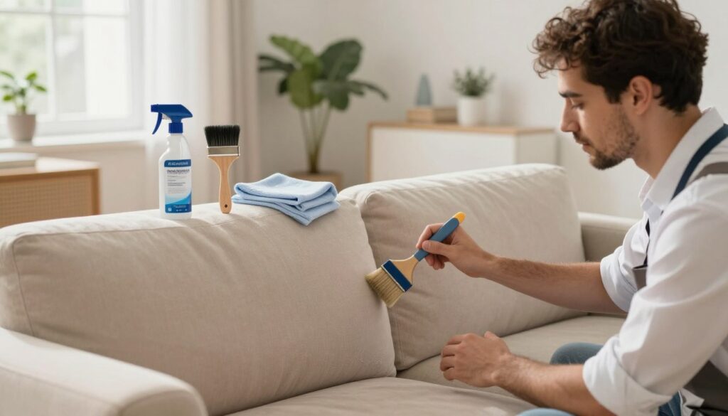 A clean and well-lit living room setting featuring a step-by-step guide to applying a waterproofing product on a sofa. The foreground shows a diverse individual in professional attire, carefully applying the product with a brush on a plush, beige sofa. The middle layer displays neatly arranged supplies like the waterproofing spray, brushes, and cloths. The background features soft natural light streaming through a window, creating a warm and inviting atmosphere. The room is decorated with plants and minimalistic decor, enhancing the homey feel. The camera angle captures the individual from the side, focusing on their hands and the sofa, emphasizing the meticulous process of protecting the furniture. The overall mood is professional and instructional.