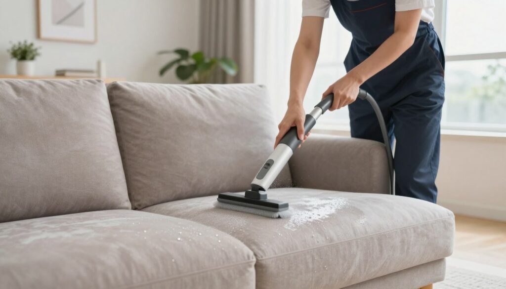 A clean, modern living room showcasing a person in professional attire carefully cleaning a waterproofed sofa. The foreground features the individual holding a specialized cleaning tool, demonstrating proper technique while focusing on a spot on the sofa. In the middle, an elegantly designed waterproof sofa is highlighted, with visible water beads rolling off its surface, showcasing its protective quality. The background features soft, natural light streaming in from a large window, illuminating the room and enhancing the inviting atmosphere. Include neutral tones in the decor, with plants or art on the walls to convey a sense of freshness and cleanliness. The overall mood is tidy and professional, emphasizing the importance of maintenance for waterproof furniture. A clean, modern living room showcasing a person in professional attire carefully cleaning a waterproofed sofa. The foreground features the individual holding a specialized cleaning tool, demonstrating proper technique while focusing on a spot on the sofa. In the middle, an elegantly designed waterproof sofa is highlighted, with visible water beads rolling off its surface, showcasing its protective quality. The background features soft, natural light streaming in from a large window, illuminating the room and enhancing the inviting atmosphere. Include neutral tones in the decor, with plants or art on the walls to convey a sense of freshness and cleanliness. The overall mood is tidy and professional, emphasizing the importance of maintenance for waterproof furniture.