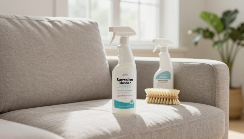 A clean, well-lit living room setting featuring a stylish fabric sofa in the foreground, with a bottle of upholstery treatment product prominently displayed beside it. The product should have clear labeling indicating it’s for waterproofing and cleaning. In the middle ground, a soft brush and spray bottle can be seen, highlighting the cleaning process. The background showcases a window allowing soft natural light to filter in, creating a warm and inviting atmosphere. The color palette should be neutral with hints of green from indoor plants, suggesting freshness. The overall mood is professional and reassuring, conveying trust in the cleaning and waterproofing solutions provided, with an emphasis on the quality of the product.