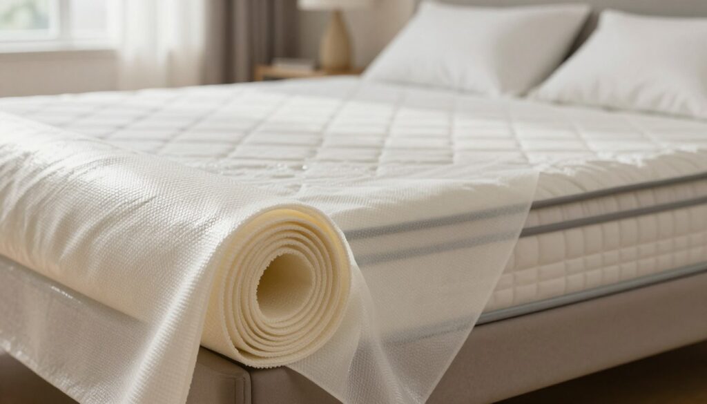 A close-up image of a professional mattress waterproofing fabric, showcasing its texture and properties. In the foreground, a rolled-up section of the fabric reveals intricate patterns and textures, emphasizing its durability and water-resistant features. In the middle ground, a high-quality mattress partially covered with this protective fabric illustrates the direct application of waterproofing. The background consists of a softly blurred bedroom setting, with warm, inviting tones, creating a serene atmosphere. Soft, natural lighting filters through a nearby window, highlighting the sheen of the fabric, while the angle captures both the texture of the waterproof material and the elegance of the bedroom environment, conveying a sense of enhanced protection and professionalism. A close-up image of a professional mattress waterproofing fabric, showcasing its texture and properties. In the foreground, a rolled-up section of the fabric reveals intricate patterns and textures, emphasizing its durability and water-resistant features. In the middle ground, a high-quality mattress partially covered with this protective fabric illustrates the direct application of waterproofing. The background consists of a softly blurred bedroom setting, with warm, inviting tones, creating a serene atmosphere. Soft, natural lighting filters through a nearby window, highlighting the sheen of the fabric, while the angle captures both the texture of the waterproof material and the elegance of the bedroom environment, conveying a sense of enhanced protection and professionalism.