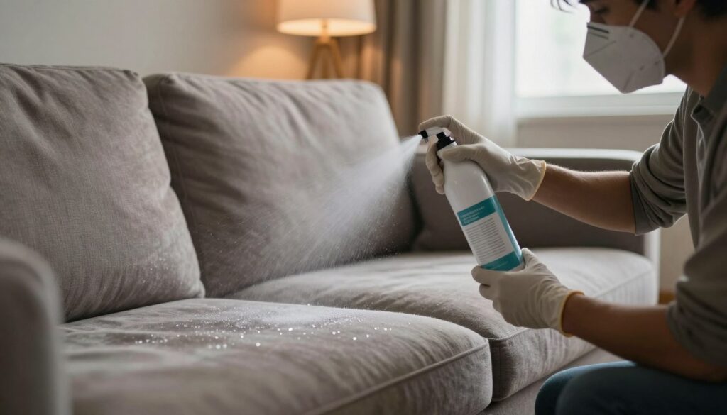 A close-up of a couch being treated with a waterproofing spray in a modern living room setting. In the foreground, a professional in modest casual clothing applies the spray, demonstrating the product's application while wearing gloves and a mask for safety. The middle ground features a plush sofa with visible droplets of the spray glistening on its surface, showcasing potential hazards of the treatment. In the background, a warm ambient light filters through a window, creating a cozy but slightly tense atmosphere, hinting at the risks involved in using flammable materials. Capture the details of the fabric and the spray, emphasizing the contrast between safety and the potential dangers of waterproofing upholstery. The overall mood should reflect caution and awareness of risks. A close-up of a couch being treated with a waterproofing spray in a modern living room setting. In the foreground, a professional in modest casual clothing applies the spray, demonstrating the product's application while wearing gloves and a mask for safety. The middle ground features a plush sofa with visible droplets of the spray glistening on its surface, showcasing potential hazards of the treatment. In the background, a warm ambient light filters through a window, creating a cozy but slightly tense atmosphere, hinting at the risks involved in using flammable materials. Capture the details of the fabric and the spray, emphasizing the contrast between safety and the potential dangers of waterproofing upholstery. The overall mood should reflect caution and awareness of risks.