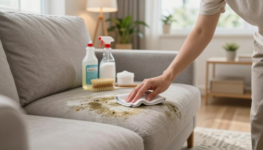 A close-up view of a clean, well-lit living room featuring a sofa with visible patches of mold on its fabric. In the foreground, a person wearing a modest casual outfit is carefully applying a natural cleaning solution to the affected areas with a soft cloth, showcasing proper technique. The middle ground includes an assortment of cleaning supplies, including vinegar, baking soda, and brushes arranged neatly on a small table, emphasizing the DIY aspect of mold removal. The background offers a cozy ambiance with warm lighting, plants, and a window showing a sunny day outside, creating a contrast to the moldy sofa. The overall mood reflects a sense of hopefulness and cleanliness, ideal for an informative article section about mold removal.