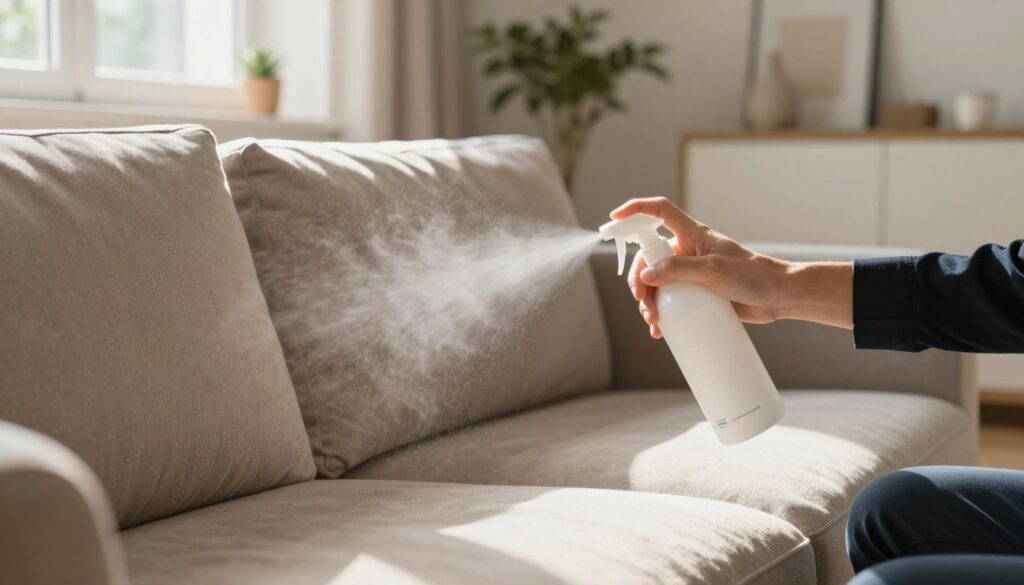 A close-up view of a cozy living room scene featuring a professional, neatly dressed person applying a water-based protection product on a stylish, modern sofa. The foreground captures the person gently spraying the sofa with an even mist from a spray bottle, showcasing the product's application process. In the middle ground, the plush fabric of the sofa is highlighted, revealing its intricate texture and color. Soft natural light streams through a nearby window, illuminating the scene and creating a warm, inviting atmosphere. The background consists of a well-decorated living space with potted plants and minimalist decor, enhancing the sense of home and care. The overall mood is peaceful and informative, emphasizing the importance of safe and effective product application. A close-up view of a cozy living room scene featuring a professional, neatly dressed person applying a water-based protection product on a stylish, modern sofa. The foreground captures the person gently spraying the sofa with an even mist from a spray bottle, showcasing the product's application process. In the middle ground, the plush fabric of the sofa is highlighted, revealing its intricate texture and color. Soft natural light streams through a nearby window, illuminating the scene and creating a warm, inviting atmosphere. The background consists of a well-decorated living space with potted plants and minimalist decor, enhancing the sense of home and care. The overall mood is peaceful and informative, emphasizing the importance of safe and effective product application.