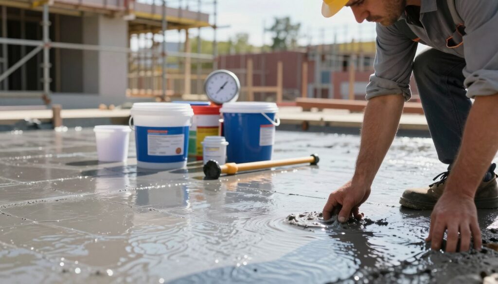 A close-up view of a modern construction site focusing on the drying process of waterproofing materials. In the foreground, a worker in professional attire carefully examines a section of treated surface, showcasing a glossy waterproof coating. In the middle ground, several containers of waterproofing agents and drying tools are neatly arranged, with a timer or clock indicating drying time. The background features scaffolding and partially finished structures under bright, natural sunlight, casting soft shadows, emphasizing a productive atmosphere. The image captures a sense of urgency and professionalism, reflecting the importance of proper handling and drying techniques in construction projects, while maintaining a clean, safe environment. A close-up view of a modern construction site focusing on the drying process of waterproofing materials. In the foreground, a worker in professional attire carefully examines a section of treated surface, showcasing a glossy waterproof coating. In the middle ground, several containers of waterproofing agents and drying tools are neatly arranged, with a timer or clock indicating drying time. The background features scaffolding and partially finished structures under bright, natural sunlight, casting soft shadows, emphasizing a productive atmosphere. The image captures a sense of urgency and professionalism, reflecting the importance of proper handling and drying techniques in construction projects, while maintaining a clean, safe environment.