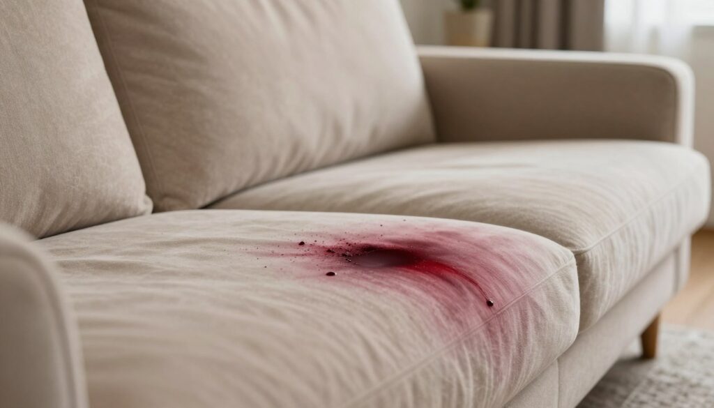 A close-up view of a modern, stylish sofa with an emphasis on its upholstery. The foreground features a vibrant red wine stain on a plush beige fabric, illustrating a spill scenario. In the middle ground, there is a visual indication of the sofa's protective fabric layer, showing the contrast between the stained and untreated areas. The background presents a cozy living room setting with soft, warm lighting that highlights the texture of the sofa. Use a shallow depth of field to emphasize the stain while softly blurring the background elements. Create an atmosphere of concern yet a sense of hope, suggesting the importance of durable upholstery protection. A close-up view of a modern, stylish sofa with an emphasis on its upholstery. The foreground features a vibrant red wine stain on a plush beige fabric, illustrating a spill scenario. In the middle ground, there is a visual indication of the sofa's protective fabric layer, showing the contrast between the stained and untreated areas. The background presents a cozy living room setting with soft, warm lighting that highlights the texture of the sofa. Use a shallow depth of field to emphasize the stain while softly blurring the background elements. Create an atmosphere of concern yet a sense of hope, suggesting the importance of durable upholstery protection.