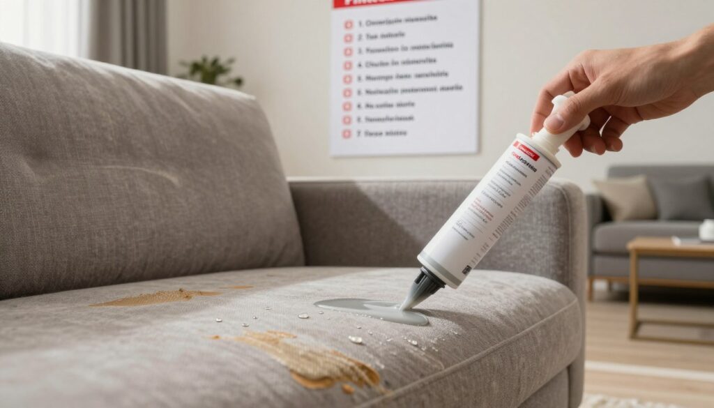 A close-up view of a partially upholstered sofa, showing areas with worn fabric and spills that highlight the risks associated with improper waterproofing. In the foreground, a hand holds an applicator tool, showcasing a thick layer of waterproofing agent, while droplets of liquid can be seen on the fabric beside it. The middle ground displays a Pinterest-style checklist on the wall, outlining common mistakes in sofa waterproofing. In the background, there’s a softly lit modern living room setting, with a slight blur to keep focus on the sofa. The atmosphere is slightly tense yet informative, reflecting the importance of proper technique. Use natural lighting to give a warm yet cautionary feel to the scene, captured from a low angle to emphasize the sofa's details. A close-up view of a partially upholstered sofa, showing areas with worn fabric and spills that highlight the risks associated with improper waterproofing. In the foreground, a hand holds an applicator tool, showcasing a thick layer of waterproofing agent, while droplets of liquid can be seen on the fabric beside it. The middle ground displays a Pinterest-style checklist on the wall, outlining common mistakes in sofa waterproofing. In the background, there’s a softly lit modern living room setting, with a slight blur to keep focus on the sofa. The atmosphere is slightly tense yet informative, reflecting the importance of proper technique. Use natural lighting to give a warm yet cautionary feel to the scene, captured from a low angle to emphasize the sofa's details.