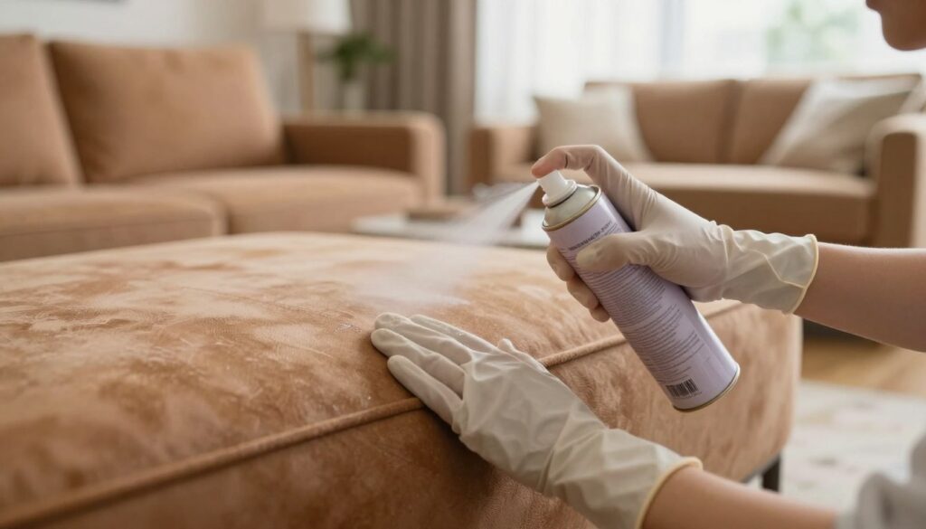 A close-up view of a person carefully applying a fabric protector spray to a luxurious suede sofa in a well-lit living room. The foreground features the person’s hands, wearing protective gloves, holding a spray can, and focusing on a section of the sofa. The middle ground showcases the soft texture of the suede, its rich color, and the faint sheen from the spray, hinting at its protective qualities. In the background, a cozy, inviting living space is depicted with soft lighting, emphasizing a warm and homey atmosphere. The scene evokes a sense of care and attention to detail, illustrating the DIY approach to suede sofa waterproofing.