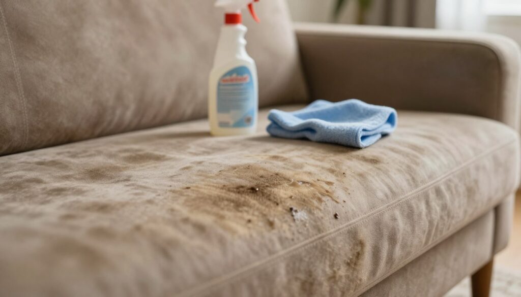 A close-up view of a slightly stained suede couch, showcasing common errors in cleaning that could lead to damage. In the foreground, focus on visible smudges and water marks on the soft, textured fabric, highlighting the contrast between clean and dirty areas. The middle ground features a bottle of upholstery cleaner and a cleaning cloth, slightly crumpled, indicating a failed attempt to clean the couch. The background should include a subtle, blurred living room setting to give context without overpowering the main subject. Soft, natural lighting illuminates the scene, creating a warm and inviting atmosphere while also highlighting imperfections in the suede, evoking a sense of caution. The composition should be shot from a slight angle to add depth.
