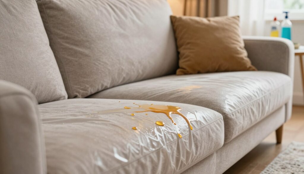 A close-up view of a stylish living room featuring a well-maintained sofa with a visible water-repellent coating, showcasing the effectiveness of sofa waterproofing. In the foreground, focus on the texture of the sofa fabric, glistening as if droplets of juice have rolled off, emphasizing its durability. In the middle, a small mess of spilled juice nearby, gently reflecting the contrast between the soaked area and the intact, protected parts of the sofa. In the background, soft, warm lighting enhances a cozy atmosphere, with decorative pillows and a small table with cleaning supplies. The lens should provide a slight depth of field, focusing sharply on the sofa while blurring the background for a professional look. The mood is reassuring and informative, suggesting practical maintenance and care tips for sofa longevity. A close-up view of a stylish living room featuring a well-maintained sofa with a visible water-repellent coating, showcasing the effectiveness of sofa waterproofing. In the foreground, focus on the texture of the sofa fabric, glistening as if droplets of juice have rolled off, emphasizing its durability. In the middle, a small mess of spilled juice nearby, gently reflecting the contrast between the soaked area and the intact, protected parts of the sofa. In the background, soft, warm lighting enhances a cozy atmosphere, with decorative pillows and a small table with cleaning supplies. The lens should provide a slight depth of field, focusing sharply on the sofa while blurring the background for a professional look. The mood is reassuring and informative, suggesting practical maintenance and care tips for sofa longevity.