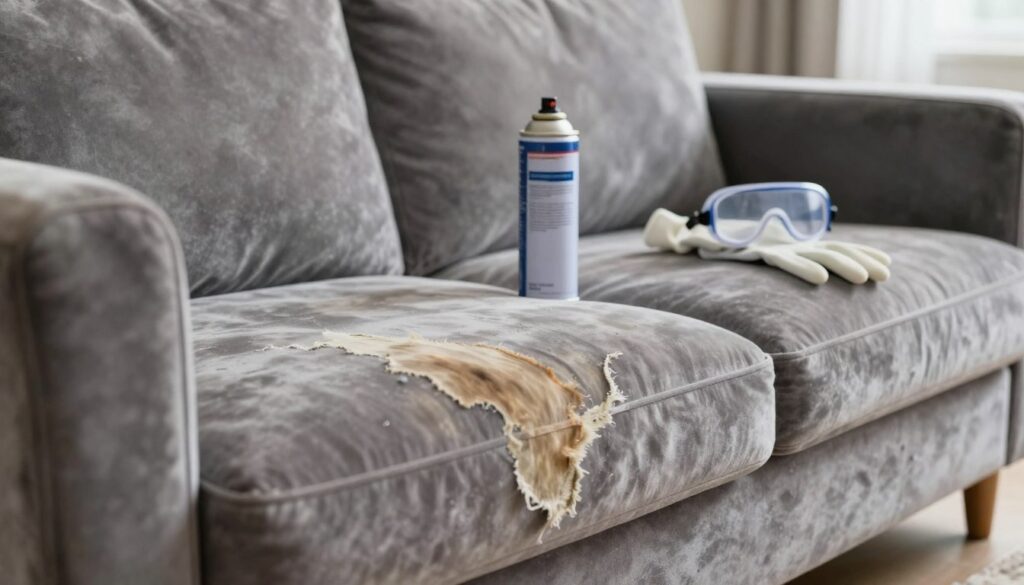 A close-up view of a velvet sofa with visible patches of discoloration and damage caused by incorrect waterproofing techniques. In the foreground, highlights of the fabric texture showcase the wear and tear, emphasizing fraying edges and water stains. In the middle ground, a spray can and protective gear such as gloves and goggles indicate improper application procedures. The background features a well-lit room with neutral colors, creating a relaxing home atmosphere, contrasting the unfortunate state of the sofa. Soft, diffused lighting enhances the textures, while the overall mood conveys a sense of caution against the risks of improper velvet waterproofing.