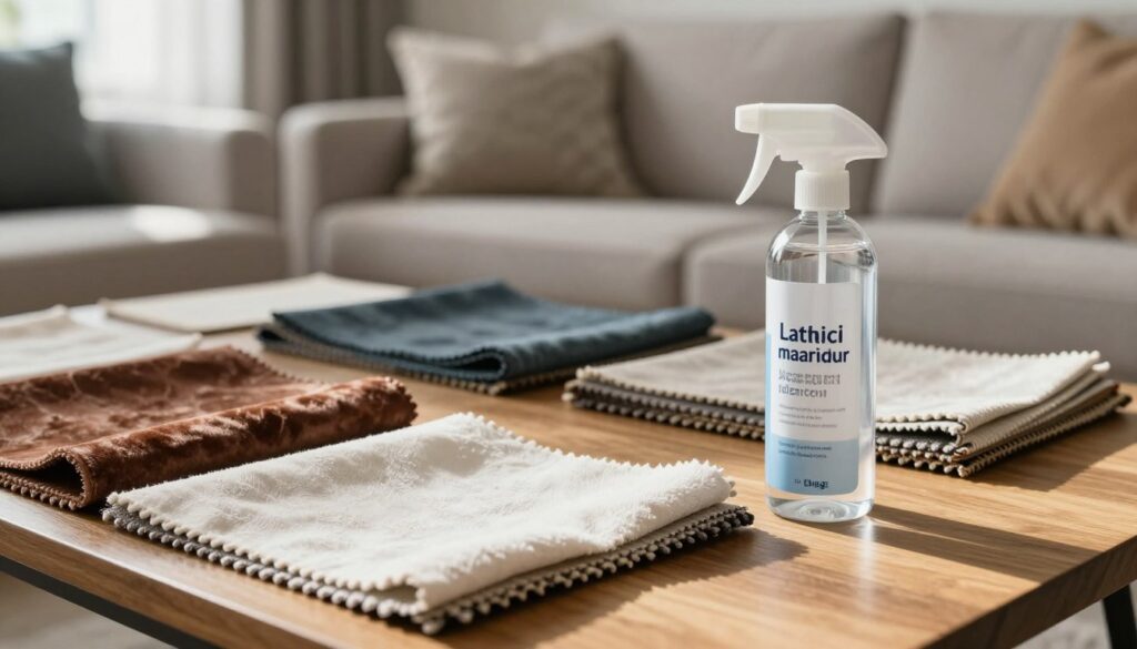 A close-up view of various fabric samples laid out on a wooden table, showcasing different types of upholstery materials like velvet, leather, and cotton. A clear, labeled spray bottle of fabric waterproofing agent sits prominently in the foreground, with a slight glimmer indicating its effectiveness. The background features a softly blurred living room setting, complete with a stylish sofa and decorative pillows, creating a cozy atmosphere. Natural light streams through a nearby window, casting gentle shadows that enhance the textures of the fabrics. The overall mood is inviting and professional, perfect for illustrating a section about choosing waterproofing agents for different sofa fabrics.