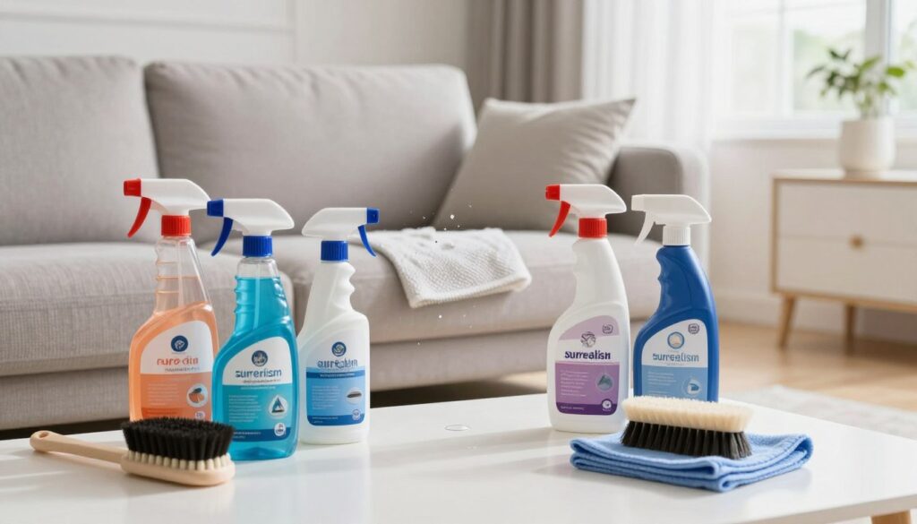 A collection of fabric protection products for upholstery cleaning and waterproofing, displayed on a clean, bright surface. In the foreground, feature a variety of spray bottles in different colors and sizes, labeled with icons representing different types of materials. Include a brush and cloth set next to them, suggesting practical application. In the middle ground, a plush, stylish sofa with a water droplet being wiped away from its surface, illustrating the effectiveness of these products. The background features a softly blurred cozy living room setting with natural light streaming through a window, creating an inviting atmosphere. The overall mood should convey safety, reliability, and professionalism in upholstery care. Use soft lighting to enhance the textures and colors of the products.
