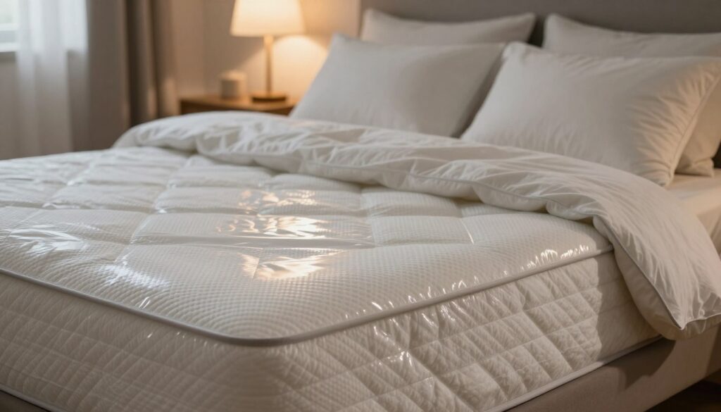 A cozy bedroom scene featuring a well-made bed with a visibly protected mattress cover. In the foreground, showcase a close-up of the waterproof mattress protector, highlighting its texture and shine. Add subtle reflections of light on the surface to emphasize its protective qualities. The middle of the image should display neatly arranged pillows and a soft, inviting quilt, contributing to a serene atmosphere. In the background, include soft and warm lighting coming from a bedside lamp, casting gentle shadows that evoke comfort and tranquility. The overall mood should be peaceful and reassuring, ideal for illustrating the importance of mattress protection in a home setting.