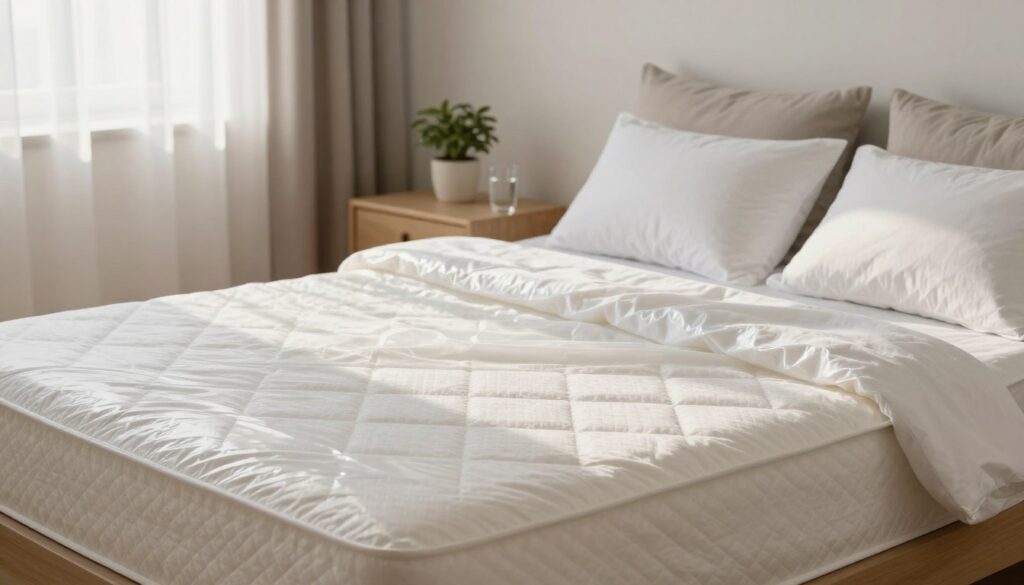 A cozy bedroom scene focusing on a pristine mattress covered with a waterproof mattress protector. In the foreground, a neatly arranged bed with plush white linens and soft pillows catches the light along with the glossy surface of the protector, showcasing its protective properties. In the middle ground, a bedside table holds a small potted plant and a glass of water, contributing to a serene atmosphere. The background features soft, natural light filtering through sheer curtains, illuminating the room and casting gentle shadows. The color palette is warm and inviting, emphasizing cleanliness and comfort, ideal for daily care against dust mites. The overall mood is tranquil and reassuring, perfect for promoting protective measures in sleep hygiene.