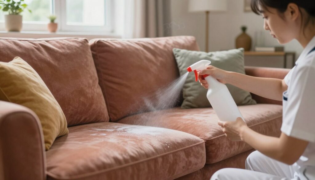 A cozy, inviting living room featuring a plush, freshly treated sofa, showcasing the process of fabric protection. In the foreground, a professional technician wearing a clean uniform sprays a transparent waterproofing solution onto the sofa, carefully ensuring even coverage. The middle ground highlights the sofa’s texture, emphasizing its soft fabric and vibrant colors, with droplets of the solution glistening on the surface. The background depicts a bright, airy space with natural light filtering through a window, illuminating the room and creating a warm atmosphere. Soft-focus details of pillows and decorative accessories enhance the homey feel, while an inviting scent wafts through the air, symbolizing the lingering odor of the protective product. The image conveys a sense of safety and care in maintaining furniture.