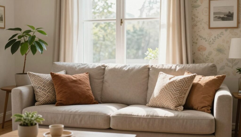 A cozy living room featuring a well-maintained, soft sofa in a bright and airy atmosphere. In the foreground, the sofa is adorned with decorative throw pillows in earthy tones. Next to it, a small indoor plant, symbolizing freshness and moisture absorption, sits on a side table. In the middle section, a large window allows warm sunlight to pour in, illuminating the room and preventing dampness. The background includes a cheerful wallpaper with subtle patterns, enhancing the inviting feel of the space. The overall atmosphere exudes warmth and comfort, with soft natural lighting emphasizing a tidy, mold-free environment. The image should evoke a sense of relaxation and cleanliness.