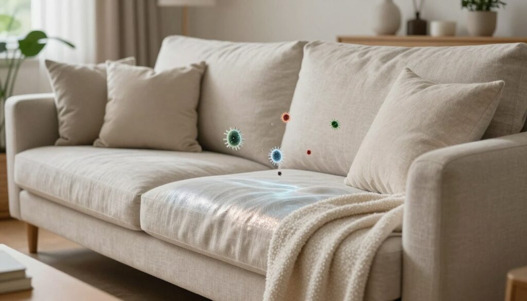 A cozy living room scene featuring a stylish linen sofa protected against fungi, bacteria, and dust mites. In the foreground, the sofa is adorned with elegant cushions and a soft throw blanket. A close-up view of the fabric reveals a shimmering, invisible protective layer, highlighted by gentle light reflecting off its surface. In the middle ground, a few visible microbes and spores are artistically rendered as small, translucent visuals, encapsulating the threat they pose to fabric. The background features a warm atmosphere with soft, diffused lighting, showcasing a serene environment with plants and decorative items. The overall mood is inviting yet conveys the importance of protection against harmful elements, emphasizing cleanliness and comfort in home decor. A cozy living room scene featuring a stylish linen sofa protected against fungi, bacteria, and dust mites. In the foreground, the sofa is adorned with elegant cushions and a soft throw blanket. A close-up view of the fabric reveals a shimmering, invisible protective layer, highlighted by gentle light reflecting off its surface. In the middle ground, a few visible microbes and spores are artistically rendered as small, translucent visuals, encapsulating the threat they pose to fabric. The background features a warm atmosphere with soft, diffused lighting, showcasing a serene environment with plants and decorative items. The overall mood is inviting yet conveys the importance of protection against harmful elements, emphasizing cleanliness and comfort in home decor.