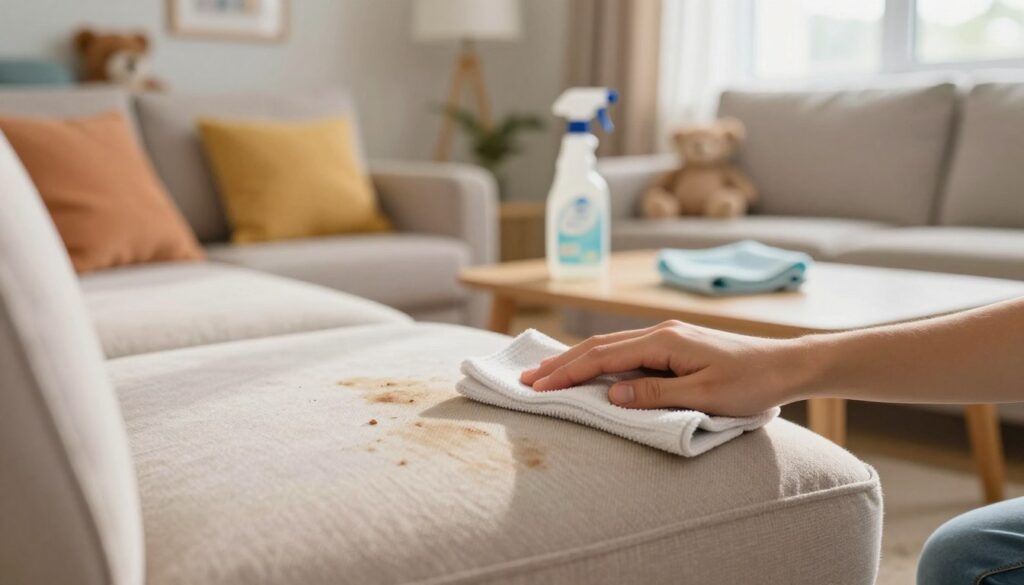 A cozy living room scene focused on a couch being cleaned after a child’s accident. In the foreground, a hand holding a clean, damp cloth is gently scrubbing a light-colored fabric sofa cushion, with visible stains being lifted. The middle ground features cleaning supplies like a spray bottle and an absorbent cloth strategically placed on a coffee table. In the background, warm, natural light filters through a window, illuminating the room with a comforting glow. Soft, child-friendly decor, like colorful cushions and stuffed toys, can be seen, creating a protective and nurturing environment. The overall atmosphere is calm and reassuring, emphasizing the importance of immediate care in preserving the upholstery. A cozy living room scene focused on a couch being cleaned after a child’s accident. In the foreground, a hand holding a clean, damp cloth is gently scrubbing a light-colored fabric sofa cushion, with visible stains being lifted. The middle ground features cleaning supplies like a spray bottle and an absorbent cloth strategically placed on a coffee table. In the background, warm, natural light filters through a window, illuminating the room with a comforting glow. Soft, child-friendly decor, like colorful cushions and stuffed toys, can be seen, creating a protective and nurturing environment. The overall atmosphere is calm and reassuring, emphasizing the importance of immediate care in preserving the upholstery.