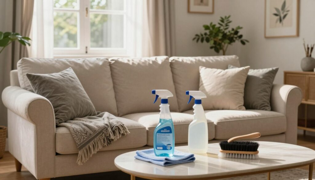 A cozy living room scene focused on a well-maintained sofa, showcasing various protective measures for upholstery care. In the foreground, a soft, elegant sofa adorned with protective covers, cushions, and a stylish throw blanket. The middle ground features cleaning supplies such as a spray bottle, soft cloth, and a small brush neatly arranged on a coffee table, emphasizing maintenance practices. In the background, a sunlit window allows warm, natural light to filter through sheer curtains, creating a welcoming atmosphere. The room is tastefully decorated with plants and artwork, conveying serenity and comfort. The image should capture a mood of responsibility and care for furniture, inviting viewers to appreciate the importance of protection for their sofa.