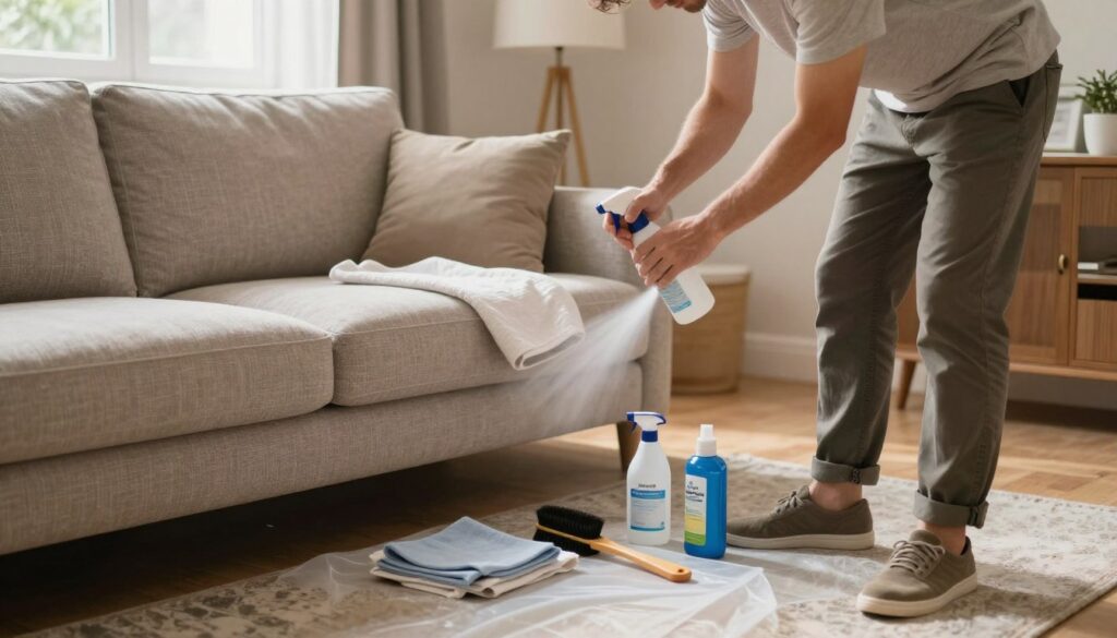 A cozy living room scene focused on the careful process of furniture waterproofing. In the foreground, a professional in modest casual attire is applying a waterproof treatment to a stylish fabric sofa using a spray bottle, showcasing attention to detail. The middle ground features various tools and products used for upholstery care, neatly arranged, including cloths, brushes, and a protective cover on the floor. The background reveals a warm and inviting space with soft, natural lighting filtering in through a window, highlighting the textures of the sofa and ensuring a serene atmosphere. The composition emphasizes diligence and care in maintaining the integrity and appearance of the upholstery, without any distractions or text.