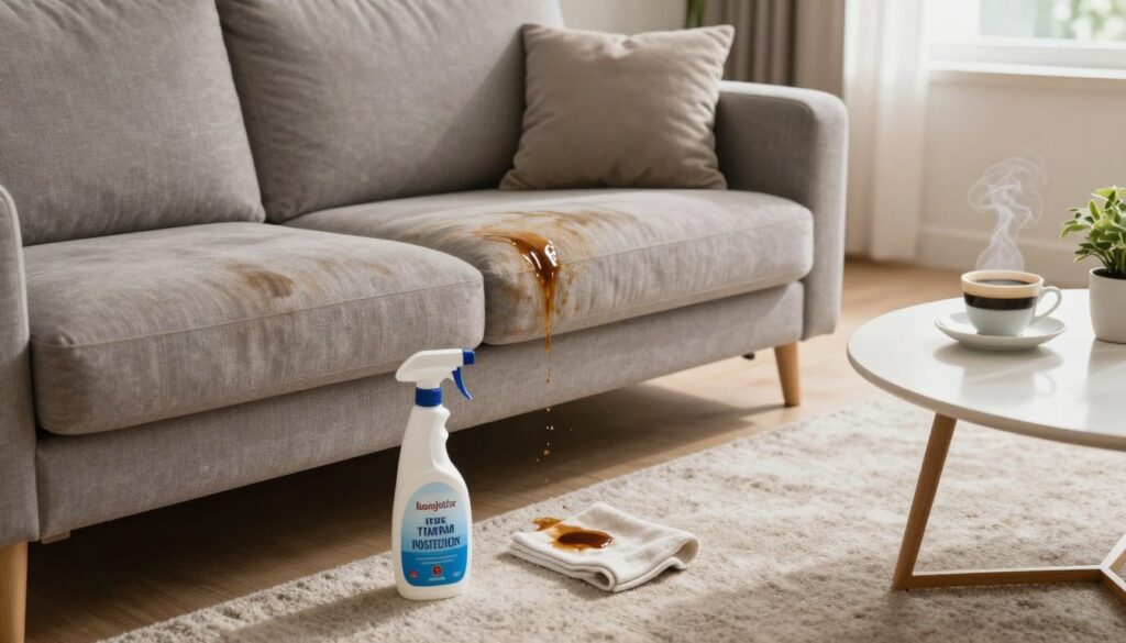 A cozy living room scene focusing on a slightly stained fabric sofa with a coffee spill prominently visible on the surface. In the foreground, a bottle of fabric protector spray is placed beside the sofa, alongside a soft cloth for cleaning. The middle ground features a soft, neutral-colored carpet and a stylish coffee table with a steaming cup of coffee and a small plant. The background shows warm, inviting lighting from a nearby window, casting gentle shadows. Use a bright, well-lit atmosphere to evoke a sense of safety and comfort in home care, emphasizing the potential for DIY upholstery protection. The angle is slightly elevated, offering a clear view of the sofa and the surrounding area. A cozy living room scene focusing on a slightly stained fabric sofa with a coffee spill prominently visible on the surface. In the foreground, a bottle of fabric protector spray is placed beside the sofa, alongside a soft cloth for cleaning. The middle ground features a soft, neutral-colored carpet and a stylish coffee table with a steaming cup of coffee and a small plant. The background shows warm, inviting lighting from a nearby window, casting gentle shadows. Use a bright, well-lit atmosphere to evoke a sense of safety and comfort in home care, emphasizing the potential for DIY upholstery protection. The angle is slightly elevated, offering a clear view of the sofa and the surrounding area.