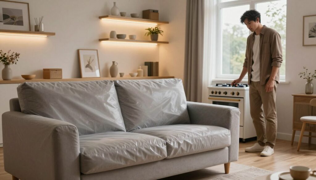 A cozy living room scene showcasing a freshly waterproofed sofa, emphasizing the security and safety after the treatment. In the foreground, the sofa is elegantly draped with a protective cover, gleaming subtly under warm ambient lighting. A safe distance away, a modern gas stove is visible, with an alert homeowner, dressed in modest casual clothing, observing the stove with caution. The middle ground features well-lit shelves adorned with home decor, enhancing the atmosphere of a comfortable yet secure space. In the background, a window lets in natural light, illustrating a serene outdoor view. The mood is one of caution mixed with domestic tranquility, highlighting the potential risks of activating the stove post-sofa treatment. A cozy living room scene showcasing a freshly waterproofed sofa, emphasizing the security and safety after the treatment. In the foreground, the sofa is elegantly draped with a protective cover, gleaming subtly under warm ambient lighting. A safe distance away, a modern gas stove is visible, with an alert homeowner, dressed in modest casual clothing, observing the stove with caution. The middle ground features well-lit shelves adorned with home decor, enhancing the atmosphere of a comfortable yet secure space. In the background, a window lets in natural light, illustrating a serene outdoor view. The mood is one of caution mixed with domestic tranquility, highlighting the potential risks of activating the stove post-sofa treatment.