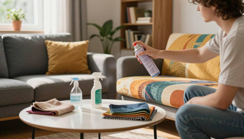 A cozy living room scene showcasing a person in modest casual clothing applying a fabric waterproofing spray to a stylish sofa. In the foreground, the person holds a can of waterproofing spray, focusing on the vibrant upholstery of the sofa, which features modern patterns and rich colors. The middle ground displays a clean, well-organized coffee table with some fabric swatches and cleaning supplies. Soft, natural light filters through a nearby window, casting gentle shadows that create a warm and inviting atmosphere. The background includes a bookcase filled with books and houseplants, enhancing the homey feel. The entire scene conveys a sense of safety and personal care in maintaining furniture. A cozy living room scene showcasing a person in modest casual clothing applying a fabric waterproofing spray to a stylish sofa. In the foreground, the person holds a can of waterproofing spray, focusing on the vibrant upholstery of the sofa, which features modern patterns and rich colors. The middle ground displays a clean, well-organized coffee table with some fabric swatches and cleaning supplies. Soft, natural light filters through a nearby window, casting gentle shadows that create a warm and inviting atmosphere. The background includes a bookcase filled with books and houseplants, enhancing the homey feel. The entire scene conveys a sense of safety and personal care in maintaining furniture.