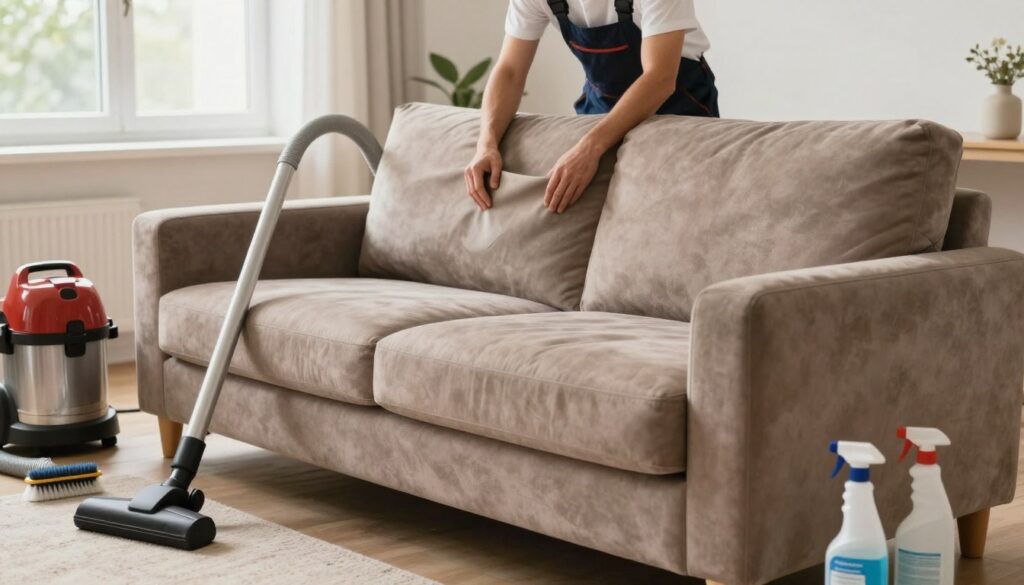 A cozy living room setting showcasing the preparation process for sofa waterproofing. In the foreground, a plush suede sofa in a soft taupe color is surrounded by cleaning tools like a vacuum cleaner, brushes, and spray bottles filled with waterproofing solution. In the middle ground, a person in professional work attire is carefully examining the sofa fabric, highlighting the attention to detail needed for proper preparation. The background features a sunny window allowing natural light to illuminate the scene, enhancing the inviting atmosphere. The overall mood is diligent and focused, capturing the essence of preparing a sofa for waterproofing while emphasizing the importance of care and precision in the process.