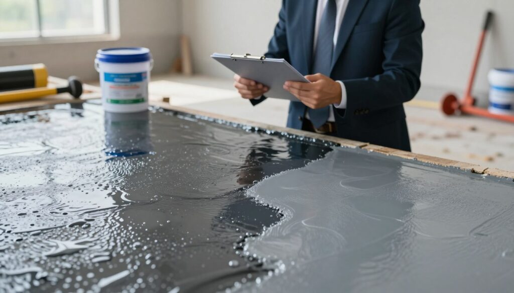 A detailed comparison scene illustrating waterproofing techniques. In the foreground, showcase two distinct surfaces: one treated with solvent-based waterproofing, exhibiting a glossy finish, durability, and water beading; the other treated with water-based waterproofing, showing a matte finish and a different water interaction. In the middle ground, present a professional evaluating both surfaces with a clipboard, wearing business attire. The background should depict a construction site, with tools and materials related to waterproofing visible. Use soft natural lighting to enhance textures and reflectivity, capturing the contrast between durability and finish. The atmosphere is professional and informative, aimed at demonstrating the differences in protection and appearance.