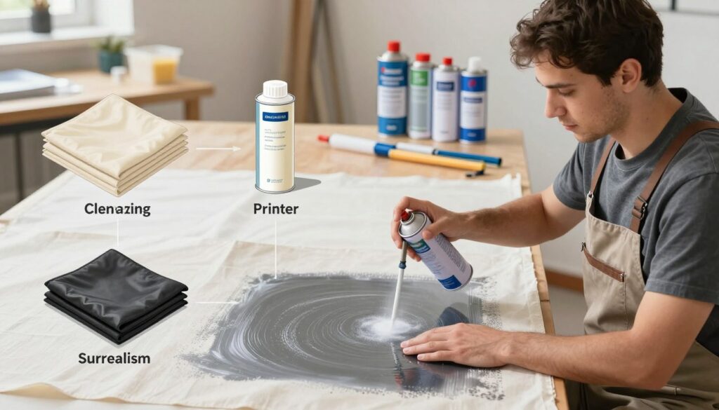 A detailed illustration showcasing the stages of fabric waterproofing. In the foreground, a professional in a work apron applies a waterproofing treatment to a piece of fabric using a spray can, demonstrating a focused expression. In the middle ground, various stages of waterproofing are depicted—cleaning the fabric, applying a primer, and the final waterproofing layer, each labeled visually but without text. The background features a well-organized workspace, with cans of waterproofing products and tools neatly arranged on a workbench. Soft, natural lighting highlights the textures of the fabric and products, creating a professional, informative atmosphere. Capture the meticulousness and care associated with achieving high-quality waterproofing results. A detailed illustration showcasing the stages of fabric waterproofing. In the foreground, a professional in a work apron applies a waterproofing treatment to a piece of fabric using a spray can, demonstrating a focused expression. In the middle ground, various stages of waterproofing are depicted—cleaning the fabric, applying a primer, and the final waterproofing layer, each labeled visually but without text. The background features a well-organized workspace, with cans of waterproofing products and tools neatly arranged on a workbench. Soft, natural lighting highlights the textures of the fabric and products, creating a professional, informative atmosphere. Capture the meticulousness and care associated with achieving high-quality waterproofing results.