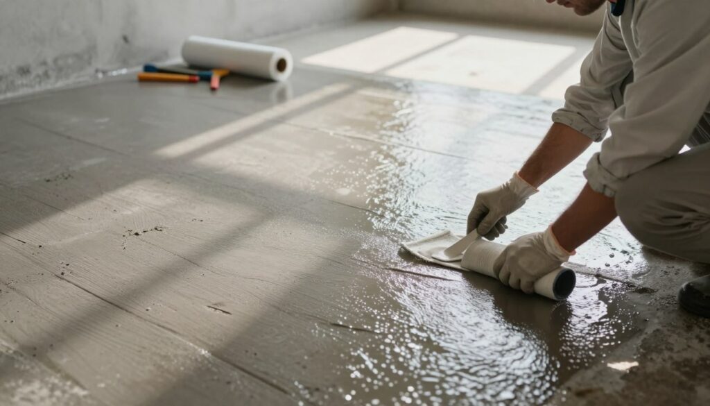 A detailed scene illustrating the drying process of waterproofing application, focusing on a textured surface such as concrete or wood. In the foreground, showcase a professional applying the waterproofing material with precision, dressed in protective gear and modest work attire. The middle ground shows a partially dried section, highlighting the transition between wet and dry states, with subtle, glistening effects where the product still clings. In the background, soft natural light filters through, casting gentle shadows that emphasize the texture of the surface. Include tools and a roll of waterproofing material neatly arranged nearby, and create a calming yet professional atmosphere to reinforce the importance of drying time and maintenance in waterproofing longevity.