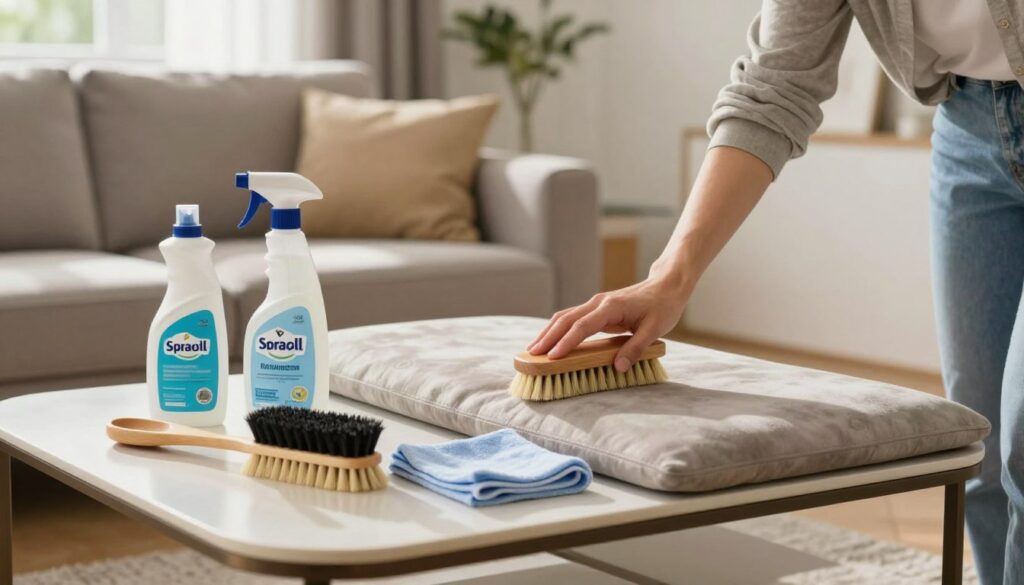 A detailed step-by-step guide for cleaning a suede sofa, illustrated in a bright, well-lit living room. In the foreground, a person wearing modest casual clothing gently scrubs a section of the suede sofa with a soft brush, showcasing careful technique. In the middle, various cleaning supplies are neatly arranged on a stylish coffee table, including a suede cleaner, brush, and microfiber cloth. In the background, a cozy environment with soothing colors and natural light filtering through a window, casting soft shadows. The overall atmosphere is serene and instructional, emphasizing effective cleaning methods while maintaining the sofa's integrity. The image should focus on clarity and visual organization, avoiding any text or overlays.