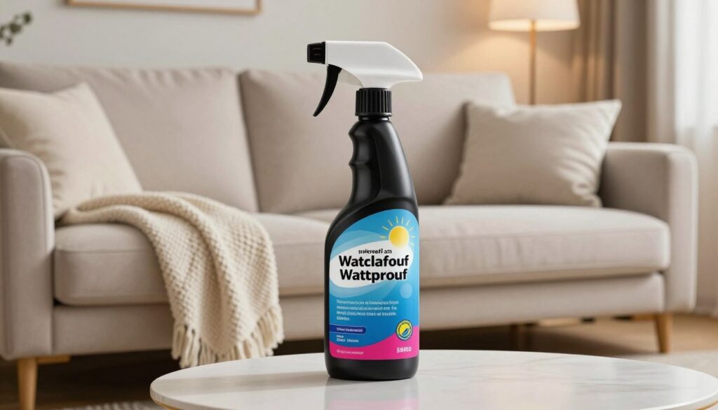 A high-quality image showcasing a professional spray bottle designed for waterproofing sofas, positioned prominently in the foreground. The spray bottle is sleek and modern, featuring a vibrant label that suggests its waterproofing capabilities. In the middle ground, a plush sofa can be seen in a cozy living room setting, draped with a soft throw blanket and surrounded by elegant cushions. The background features warm, inviting lighting highlighting the textures of the sofa and the atmosphere of a well-decorated room. The angle is slightly elevated to provide a clear view of both the spray bottle and the sofa, creating a connection between the product and its use. The mood is homey and reassuring, emphasizing the product's effectiveness for residential applications.