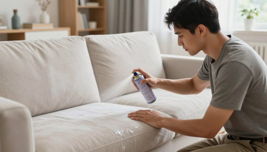 A modern living room featuring a professional technician in modest casual attire carefully applying a waterproofing treatment to a light-colored sofa. In the foreground, focus on the technician using a spray can, demonstrating the application process. The middle ground showcases a before-and-after comparison on the fabric, with one side treated and the other side untreated for visual contrast. The background reflects a clean and organized environment with soft, natural lighting illuminating the scene, emphasizing the texture of the fabric and the rich colors of the room. The atmosphere is calm and focused, conveying a sense of care and professionalism in furniture maintenance. A modern living room featuring a professional technician in modest casual attire carefully applying a waterproofing treatment to a light-colored sofa. In the foreground, focus on the technician using a spray can, demonstrating the application process. The middle ground showcases a before-and-after comparison on the fabric, with one side treated and the other side untreated for visual contrast. The background reflects a clean and organized environment with soft, natural lighting illuminating the scene, emphasizing the texture of the fabric and the rich colors of the room. The atmosphere is calm and focused, conveying a sense of care and professionalism in furniture maintenance.