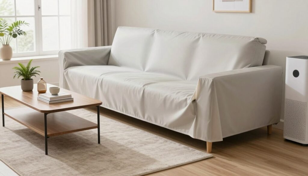 A modern living room featuring a stylish sofa covered with a protective allergen-resistant slipcover. In the foreground, the slipcover is elegantly draped, showcasing its smooth texture and neutral color. The mid-ground includes a coffee table with a few allergy-friendly decorative items like plants and a stack of books. The background highlights bright, airy windows allowing soft, natural light to flood the room, creating a clean and inviting atmosphere. The scene evokes a sense of comfort and allergen-conscious living, with subtle details like a HEPA air purifier visible in the corner. The composition should be balanced and harmonious, capturing the essence of allergy protection in a cozy home environment, photographed from a slightly elevated angle to emphasize the layout. A modern living room featuring a stylish sofa covered with a protective allergen-resistant slipcover. In the foreground, the slipcover is elegantly draped, showcasing its smooth texture and neutral color. The mid-ground includes a coffee table with a few allergy-friendly decorative items like plants and a stack of books. The background highlights bright, airy windows allowing soft, natural light to flood the room, creating a clean and inviting atmosphere. The scene evokes a sense of comfort and allergen-conscious living, with subtle details like a HEPA air purifier visible in the corner. The composition should be balanced and harmonious, capturing the essence of allergy protection in a cozy home environment, photographed from a slightly elevated angle to emphasize the layout.