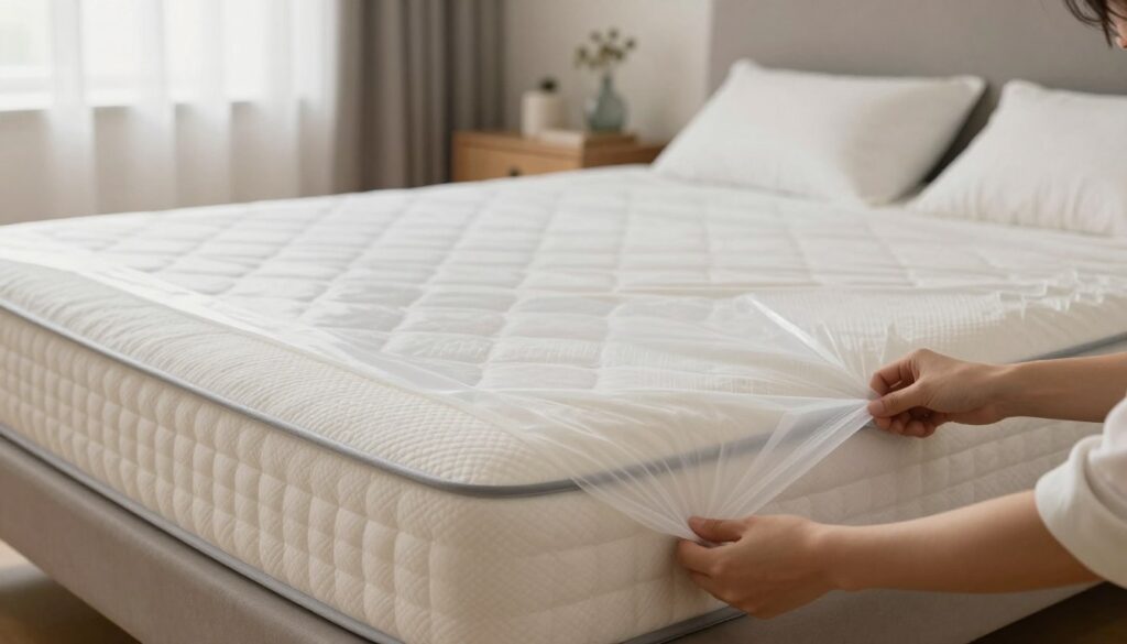 A neatly made bed featuring a new mattress with a water-resistant mattress protector visibly covering it, illustrating the concept of mattress waterproofing. In the foreground, a close-up of hands adjusting the fitted waterproof cover over the mattress, emphasizing care and maintenance. The middle ground shows a serene bedroom setting with soft, natural lighting filtering through sheer curtains, creating a calm and protective atmosphere. The background features a stylish bed frame and tasteful decorative elements, hinting at cleanliness and comfort. The overall mood is tranquil and reassuring, conveying the importance of safeguarding the mattress from moisture and stains. Aim for a soft focus with a warm color palette to enhance the inviting feeling of the space. A neatly made bed featuring a new mattress with a water-resistant mattress protector visibly covering it, illustrating the concept of mattress waterproofing. In the foreground, a close-up of hands adjusting the fitted waterproof cover over the mattress, emphasizing care and maintenance. The middle ground shows a serene bedroom setting with soft, natural lighting filtering through sheer curtains, creating a calm and protective atmosphere. The background features a stylish bed frame and tasteful decorative elements, hinting at cleanliness and comfort. The overall mood is tranquil and reassuring, conveying the importance of safeguarding the mattress from moisture and stains. Aim for a soft focus with a warm color palette to enhance the inviting feeling of the space.