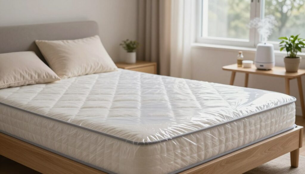 A neatly made bed in a well-lit, cozy bedroom, showcasing a freshly cleaned and waterproofed mattress. In the foreground, the mattress has a protective, transparent cover glistening subtly in the light, illustrating its waterproof features. The middle ground includes soft bedding with pillows, emphasizing comfort and hygiene. In the background, a serene window reveals soft natural light, creating a warm ambiance. A small table nearby has health-related items, like a humidifier and a potted plant, symbolizing wellness. The overall atmosphere is calm and inviting, promoting the idea of health benefits and durability in mattress care. Use soft, diffused lighting to enhance the sense of cleanliness and tranquility.