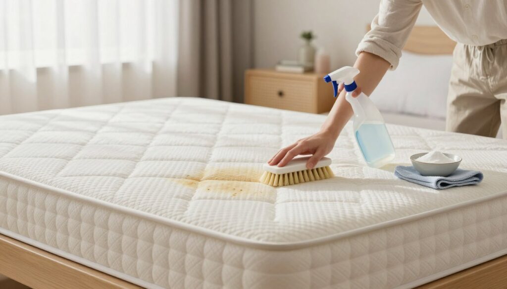 A neatly organized cleaning scene in a well-lit, bright room. In the foreground, a person in modest casual clothing gently scrubs a light-colored mattress with a soft brush, using a natural cleaning solution in a spray bottle. A small bowl with baking soda and a cloth are placed nearby, emphasizing safe cleaning methods. In the middle, the mattress is showcased with visible stains fading, indicating effective cleaning. The background features a tidy, serene bedroom environment with soft light filtering through sheer curtains, creating a calm atmosphere. The overall color palette is warm and inviting, reflecting a sense of cleanliness and comfort, helping readers visualize proper techniques for mattress care without damage. A neatly organized cleaning scene in a well-lit, bright room. In the foreground, a person in modest casual clothing gently scrubs a light-colored mattress with a soft brush, using a natural cleaning solution in a spray bottle. A small bowl with baking soda and a cloth are placed nearby, emphasizing safe cleaning methods. In the middle, the mattress is showcased with visible stains fading, indicating effective cleaning. The background features a tidy, serene bedroom environment with soft light filtering through sheer curtains, creating a calm atmosphere. The overall color palette is warm and inviting, reflecting a sense of cleanliness and comfort, helping readers visualize proper techniques for mattress care without damage.