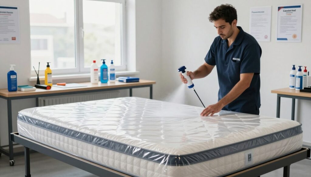 A professional technician, Carlos Augusto, stands beside a freshly treated mattress in a well-lit, modern service room. The mattress is visibly protected with a clear, glossy layer showcasing the impermeabilization process. In the foreground, Carlos is focused, wearing a neat uniform, and holding a spray applicator, demonstrating the application of the waterproof solution. In the middle ground, there are tools and products neatly arranged on a work table, emphasizing the professionalism of the service. The background features certificates and client testimonials on the wall, adding credibility. Soft natural light streams through a window, creating a calm and inviting atmosphere, reflecting the solution-oriented approach to mattress care. The image should be balanced with an emphasis on the meticulous work being performed without any distractions. A professional technician, Carlos Augusto, stands beside a freshly treated mattress in a well-lit, modern service room. The mattress is visibly protected with a clear, glossy layer showcasing the impermeabilization process. In the foreground, Carlos is focused, wearing a neat uniform, and holding a spray applicator, demonstrating the application of the waterproof solution. In the middle ground, there are tools and products neatly arranged on a work table, emphasizing the professionalism of the service. The background features certificates and client testimonials on the wall, adding credibility. Soft natural light streams through a window, creating a calm and inviting atmosphere, reflecting the solution-oriented approach to mattress care. The image should be balanced with an emphasis on the meticulous work being performed without any distractions.