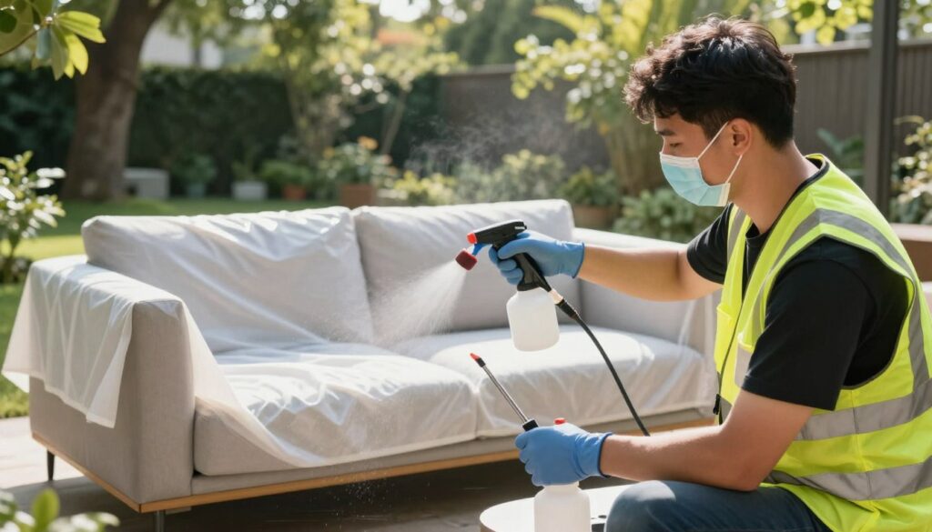 A professional technician applying a protective waterproofing product on a sofa in an outdoor setting. In the foreground, the technician, dressed in a safety vest and gloves, is focused on carefully spraying the product. In the middle ground, a chic, modern sofa is partially covered with a drop cloth, surrounded by lush greenery and bright sunlight filtering through trees. The background features a serene garden landscape, adding a calm and safe atmosphere to the scene. The image is well-lit, capturing details of the product application process, with a slightly blurred background to emphasize the technician's actions. The scene conveys a sense of responsibility and professionalism in product handling outdoors. A professional technician applying a protective waterproofing product on a sofa in an outdoor setting. In the foreground, the technician, dressed in a safety vest and gloves, is focused on carefully spraying the product. In the middle ground, a chic, modern sofa is partially covered with a drop cloth, surrounded by lush greenery and bright sunlight filtering through trees. The background features a serene garden landscape, adding a calm and safe atmosphere to the scene. The image is well-lit, capturing details of the product application process, with a slightly blurred background to emphasize the technician's actions. The scene conveys a sense of responsibility and professionalism in product handling outdoors.