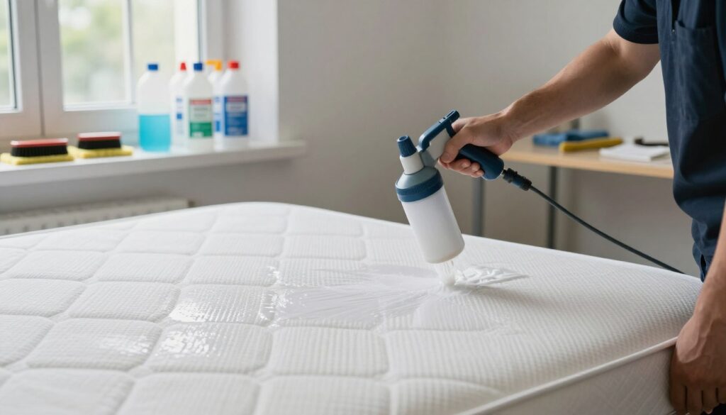 A professional technician in a clean, well-lit workspace is seen demonstrating a mattress waterproofing service. In the foreground, close-up on the expert using a high-tech spray applicator to evenly coat a king-sized mattress with a protective layer. Soft, natural daylight filters through a nearby window, creating gentle highlights on the fabric texture. In the middle background, several neatly organized bottles of waterproofing chemicals are visible on a shelf, alongside tools for the job, such as brushes and cleaning cloths. The atmosphere is calm and professional, emphasizing diligence and care in mattress protection. The scene should convey a sense of trust and reliability while maintaining clarity and focus on the service being performed, without any people wearing casual or distracting attire. A professional technician in a clean, well-lit workspace is seen demonstrating a mattress waterproofing service. In the foreground, close-up on the expert using a high-tech spray applicator to evenly coat a king-sized mattress with a protective layer. Soft, natural daylight filters through a nearby window, creating gentle highlights on the fabric texture. In the middle background, several neatly organized bottles of waterproofing chemicals are visible on a shelf, alongside tools for the job, such as brushes and cleaning cloths. The atmosphere is calm and professional, emphasizing diligence and care in mattress protection. The scene should convey a sense of trust and reliability while maintaining clarity and focus on the service being performed, without any people wearing casual or distracting attire.