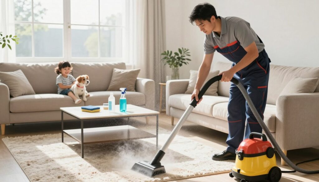 A professional upholstery cleaning scene in a well-lit living room. In the foreground, a skilled technician in a stylish, professional uniform carefully uses a steam cleaner on a plush, beige sofa. Bright natural light streams through a large window, illuminating the dust particles in the air, adding a fresh and clean atmosphere. In the middle ground, you can see a tidy coffee table displaying cleaning supplies, with a cozy rug below. In the background, a happy child and a playful dog are safely enjoying their time on the opposite side of the room, highlighting the importance of cleanliness for health. The lens captures the atmosphere of safety and professionalism, emphasizing the necessity of regular upholstery cleaning.