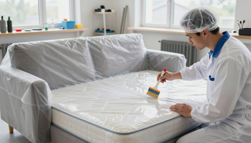 A professional waterproofing process being demonstrated on a sofa and a mattress. In the foreground, a skilled technician wearing a clean professional uniform applies a waterproofing solution meticulously with a brush. In the middle, the sofa, covered with a protective drop cloth, and the mattress, both showing a subtle sheen indicating the application of the waterproof coat. The background features a well-lit workshop with tools organized neatly on a shelf and a bright window letting in natural light, creating an atmosphere of professionalism and precision. The scene is captured from a slightly elevated angle to give a comprehensive view of the process, emphasizing the careful techniques used in professional waterproofing.
