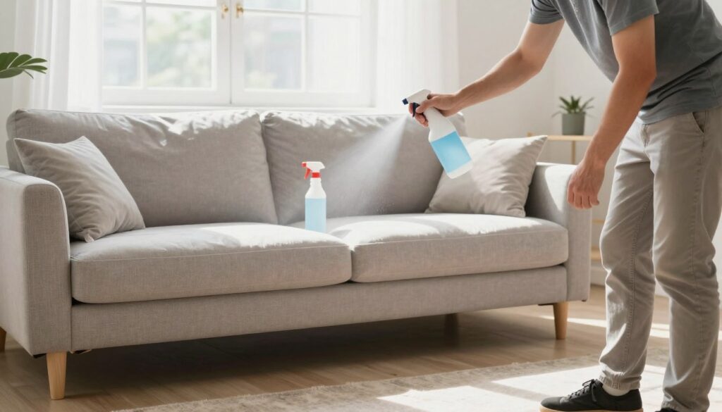 A professional, well-lit living room setting showcasing a sofa undergoing a water-repellent treatment at home. In the foreground, a person in modest casual clothing applies an impermeabilization spray with a focused expression, highlighting their expertise. The middle ground features the sofa, covered partially in a protective film, with the spray bottle and tools neatly arranged around it. In the background, a bright window allows natural light to illuminate the space, creating a fresh and inviting atmosphere. Soft shadows fall across the floor, enhancing the feeling of a clean, organized home environment. The overall mood conveys safety and professionalism, demonstrating a reliable home service for sofa waterproofing.