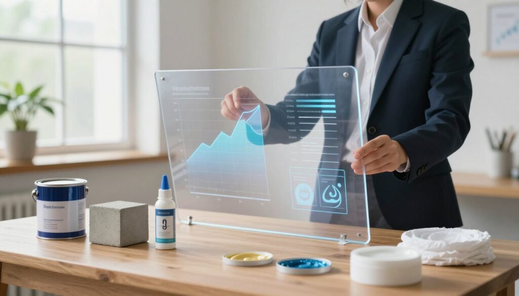A serene and informative scene depicting factors that influence drying time. In the foreground, a wooden table showcases various drying materials – paint, concrete, and sealants – each accompanied by icons representing temperature, humidity, and ventilation. The middle ground features a professional, engaged individual in a business suit, examining a transparent, interactive display board filled with graphs and charts about drying conditions. In the background, soft natural light filters through a window, illuminating the area, while a subtle plant arrangement adds a touch of nature. The mood is educational and focused, emphasizing the importance of understanding drying factors in a clean and organized workspace. The perspective is slightly elevated to capture all elements harmoniously. A serene and informative scene depicting factors that influence drying time. In the foreground, a wooden table showcases various drying materials – paint, concrete, and sealants – each accompanied by icons representing temperature, humidity, and ventilation. The middle ground features a professional, engaged individual in a business suit, examining a transparent, interactive display board filled with graphs and charts about drying conditions. In the background, soft natural light filters through a window, illuminating the area, while a subtle plant arrangement adds a touch of nature. The mood is educational and focused, emphasizing the importance of understanding drying factors in a clean and organized workspace. The perspective is slightly elevated to capture all elements harmoniously.